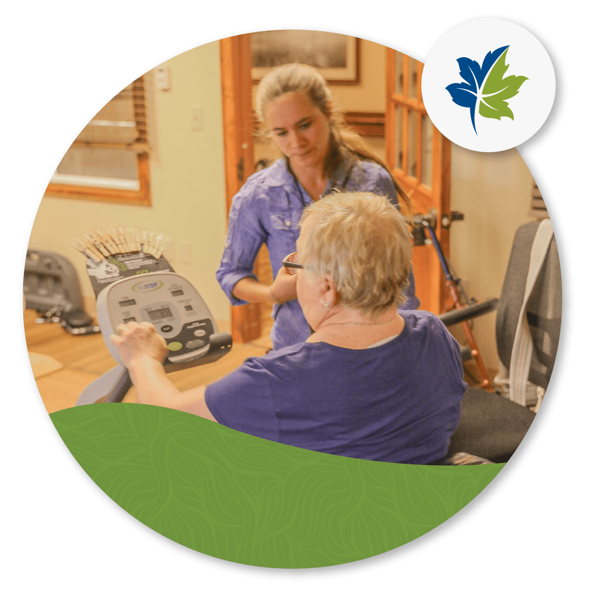 woman helping an older woman with physical therapy at Grace Pointe Senior Care Community